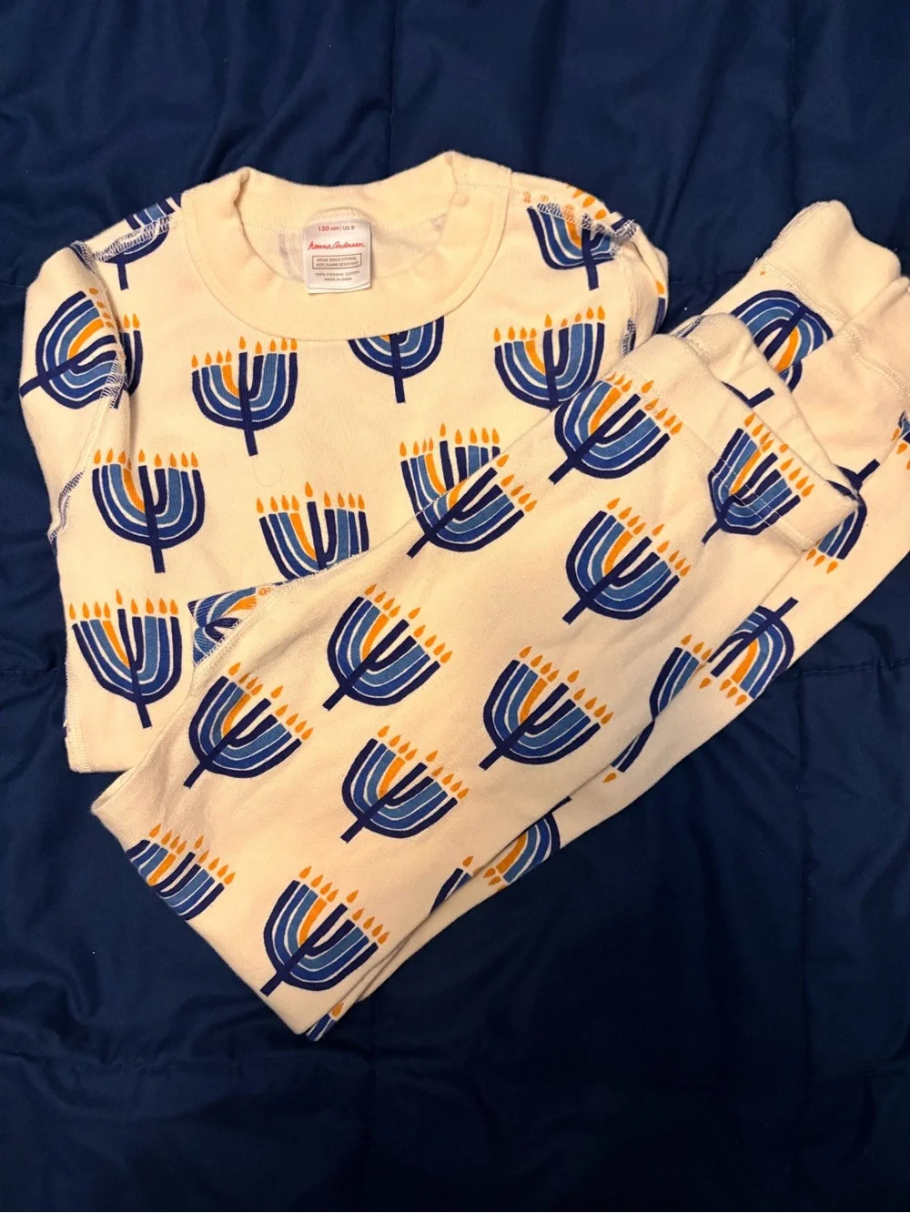 Hanna Andersson Cream Pajama Set with Blue and Yellow Menorah Print